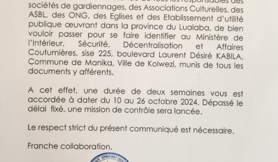 Lualaba : Le Ministère de l&rsquo;Intérieur lance une opération d&rsquo;identification pour les organisations locales